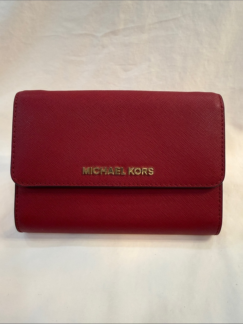 Michael Kors Burgundy Saffiano Leather Crossbody Wallet with Gold Logo